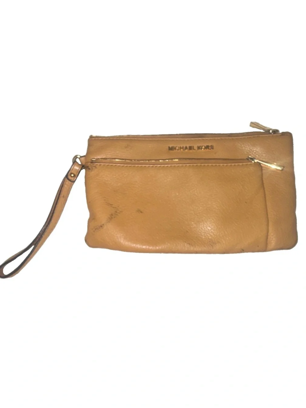 Michael Kors Camel Leather Wristlet Clutch with Front Zip